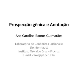 Prospecção gênica e Anotação
Ana Carolina Ramos Guimarães
Laboratório de Genômica Funcional e
Bioinformática
Instituto Oswaldo Cruz – Fiocruz
E-mail: carolg@fiocruz.br
 
