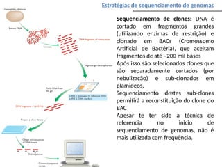 • Sequenciamento de clones: DNA é
cortado em fragmentos grandes
(utilizando enzimas de restrição) e
clonado em BACs (Cromossomo
Artificial de Bactéria), que aceitam
fragmentos de até ~200 mil bases
• Após isso são selecionados clones que
são separadamente cortados (por
nebulização) e sub-clonados em
plamideos.
• Sequenciamento destes sub-clones
permitirá a reconstituição do clone do
BAC
• Apesar te ter sido a técnica de
referencia no inicio de
sequenciamento de genomas, não é
mais utilizada com frequência.
Estratégias de sequenciamento de genomas
 