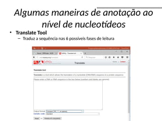 • Translate Tool
– Traduz a sequência nas 6 possíveis fases de leitura
Algumas maneiras de anotação ao
nível de nucleotídeos
 