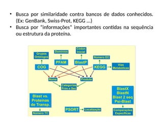 • Busca por similaridade contra bancos de dados conhecidos.
(Ex: GenBank, Swiss-Prot, KEGG ...)
• Busca por “informações” importantes contidas na sequência
ou estrutura da proteína.
 