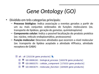 • Dividido em três categorias principais:
– Processo biológico: Indica associação a eventos gerados a partir de
um ou mais conjuntos ordenados de funções moleculares (ex.
transporte de lipídeos, geração de gametas, quimiotropismo)
– Componente celular: Indica a possível localização do produto protéico
(ex: núcleo, reticulo endoplasmático, proteassomo)
– Função molecular: Descreve atividades que ocorrem a nível molecular
(ex: transporte de lipídeo acoplado a atividade ATPasica, atividade
receptora de GABA)
Gene Ontology (GO)
 