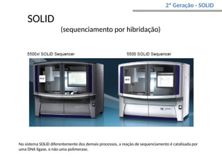 SOLID
(sequenciamento por hibridação)
2ª Geração - SOLID
No sistema SOLiD diferentemente dos demais processos, a reação de sequenciamento é catalisada por
uma DNA ligase, e não uma polimerase.
 