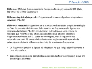 2ª Geração - SOLID
Biblioteca: DNA alvo é mecanicamente fragmentado em um sonicador (60-90pb,
tag única ou 1-10Kb tag dupla) e
Biblioteca tag única (single pair): Fragmentos diretamente ligados a adaptadores
universais (P1 e P2)
Bibliotecas mate-pair: Fragmentos de 1 a 10Kb são visualizados em gel para seleção
da faixa de tamanho de interesse. Selecionados, os fragmentos são ligados aos
mesmos adaptadores P1 e P2, circularizados e clivados com uma enzima de
restrição que reconhece seu sítio no adaptador e cliva adiante, liberando
fragmentos formados por: 27 bases de uma região, mais a sequência dos
adaptadores e mais 27 bases adicionais de outra região que está separada da
primeira pela distância utilizada no intervalo de seleção dos fragmentos.
- Os fragmentos gerados e ligados ao adaptador P1 que se liga especificamente a
uma microesfera.
- Sequenciamento ocorre por hibridização de sondas fluorescentes com o alvo em
cinco etapas distintas:
Maridis Annu. Rev. Genome. Human Genet. 2008
 