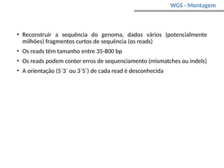 • Reconstruir a sequência do genoma, dados vários (potencialmente
milhões) fragmentos curtos de sequência (os reads)
• Os reads têm tamanho entre 35-800 bp
• Os reads podem conter erros de sequenciamento (mismatches ou indels)
• A orientação (5`3` ou 3`5`) de cada read é desconhecida
WGS - Montagem
 