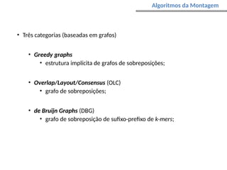 • Três categorias (baseadas em grafos)
• Greedy graphs
• estrutura implícita de grafos de sobreposições;
• Overlap/Layout/Consensus (OLC)
• grafo de sobreposições;
• de Bruijn Graphs (DBG)
• grafo de sobreposição de sufixo-prefixo de k-mers;
Algoritmos da Montagem
 