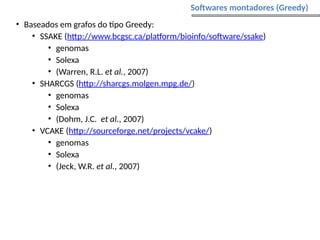 • Baseados em grafos do tipo Greedy:
• SSAKE (http://www.bcgsc.ca/platform/bioinfo/software/ssake)
• genomas
• Solexa
• (Warren, R.L. et al., 2007)
• SHARCGS (http://sharcgs.molgen.mpg.de/)
• genomas
• Solexa
• (Dohm, J.C. et al., 2007)
• VCAKE (http://sourceforge.net/projects/vcake/)
• genomas
• Solexa
• (Jeck, W.R. et al., 2007)
Softwares montadores (Greedy)
 