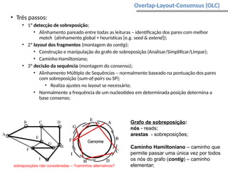 • Três passos:
• 1º detecção de sobreposição;
• Alinhamento pareado entre todas as leituras – identificação dos pares com melhor
match (alinhamento global + heurísticas [e.g. seed & extend]);
• 2º layout dos fragmentos (montagem do contig);
• Construção e manipulação do grafo de sobreposição (Analisar/Simplificar/Limpar);
• Caminho Hamiltoniano;
• 3º decisão da sequência (montagem do consenso);
• Alinhamento Múltiplo de Sequências – normalmente baseado na pontuação dos pares
com sobreposição (sum-of-pairs ou SP);
• Realiza ajustes no layout se necessário;
• Normalmente a frequência de um nucleotídeo em determinada posição determina a
base consenso;
Caminho Hamiltoniano – caminho que
permite passar uma única vez por todos
os nós do grafo (contig) – caminho
elementar;
Grafo de sobreposição:
nós - reads;
arestas - sobreposições;
sobreposições não consideradas – ?caminhos alternativos?
Overlap-Layout-Consensus (OLC)
 