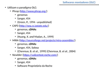 • Utilizam o paradigma OLC:
• Phrap (http://www.phrap.org/)
• genomas
• Sanger, 454
• (Green, P., 1994 - unpublished)
• CAP3 (http://seq.cs.iastate.edu/)
• genomas, cDNAs
• Sanger, 454
• (Huang, X. and Madan, A., 1999)
• MIRA (http://sourceforge.net/projects/mira-assembler/)
• genomas, cDNAs
• Sanger, 454, Solexa
• (Chevreux, B. et al., 1999) (Chevreux, B. et al., 2004)
• Newbler (https://valicertext.roche.com/)
• genomas, cDNAs
• Sanger, 454
• Software Proprietário da Roche
Softwares montadores (OLC)
 
