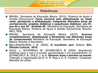 Referências
BRASIL, Secretaria de Educação Básica. (2012). Diretoria de Apoio à
Gestão Educacional. Pacto nacional pela alfabetização na idade
certa: planejando a alfabetização; integrando diferentes áreas do
conhecimento: projetos didáticos e sequências didáticas: ano 01,
ano 02 e ano 03 - Unidade 06 / Ministério da Educação, Secretaria de
Educação Básica, Diretoria de Apoio à Gestão Educacional. Brasília:
MEC, SEB.
BRASIL, Secretaria de Educação Básica. (2012). Acervos
complementares: alfabetização e letramento nas diferentes áreas
do conhecimento/ Ministério da Educação, Secretaria de Educação
Básica. Brasília: A Secretaria.
BELLINGHAUSEN, I. B. (2004). O mundinho azul. Editora: DCL
Difusão Cultural, 2010.
DOLZ, J.; NOVERRAZ, M.; SCHNEUWLY, B. (2004). Sequências
didáticas para o oral e a escrita: apresentação e um procedimento. In:
SCHNEUWLY, B.; DOLZ, J. et al. Gêneros orais e escritos na escola.
Tradução e organização de R. H. R. Rojo e G. S. Cordeiro. Campinas:
Mercado de Letras.
 