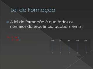 Lei de Formação


A lei de formação é que todos os
números da sequência acabam em S.

Ex:. 2 - dois
3 - três

 