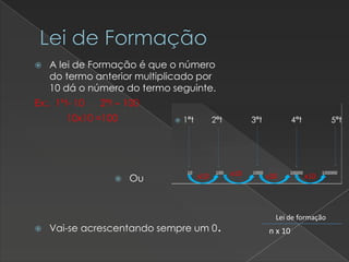 Lei de Formação


A lei de Formação é que o número
do termo anterior multiplicado por
10 dá o número do termo seguinte.

Ex:. 1ºt- 10

2ºt – 100

10x10 =100





Ou

x10

Vai-se acrescentando sempre um 0.

x10

x10

x10

Lei de formação

n x 10

 