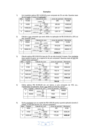 38
Exemplos:
1) Um investidor aplicou R$ 14.000,00 a juro composto de 2% ao mês. Quantos reais
ele terá após 4 meses de aplicação?
Mês Capital Cálculo do Juro Juros do período Montante
1 14.000 280 14280
2 14280 285,60 14565,60
3 14565,60 291,31 14856,91
4 14856,91 1297,15 15154,05
2) Calcule o juro composto que será obtido na aplicação de R$ 25.000,00 a 25% ao
ano, durante 3 anos.
Ano Capital Cálculo do Juro Juros do período Montante
1 25000 6250 31250
2 31250 7812,50 39062,50
3 39062,50 9765,63 48828,13
23828,13
3) Cláudio aplicou R$ 5.000,00 à taxa de 3% ao mês durante 5 meses. Que montante
esse capital irá gerar, se o regime for de juro composto? Quantos reais de juro ele
obterá nessa operação?
Mês Capital Cálculo do Juro Juros do período Montante
1 5000 150 5150
2 5150 154,50 5304,50
3 5304,50 159,14 5463,64
4 5463,64 163,91 5627,55
5 5627,55 168,83 5796,38
796,38
4) Celina aplicou R$ 40.000,00 em um banco, a juro composto de 16% a.a.,
capitalizados anualmente. Qual o juro obtido ao final de 2 anos?
Ano Capital Cálculo do Juro Juros do período Montante
1 40000 6400 46400
2 46400 7424 53824
13824
5) Qual o montante que um capital de R$ 4.000,00 produz quando aplicado durante 3
meses, a uma taxa de 4% a.m. de juro composto?
Mês Capital Cálculo do Juro Juros do período Montante
1 4000 160 4160
2 4160 166,40 4326,40
3 4326,40 173,06 4499,46
 