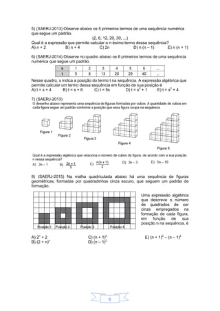 6
5) (SAERJ-2013) Observe abaixo os 5 primeiros termos de uma sequência numérica
que segue um padrão.
(2, 6, 12, 20, 30, ...)
Qual é a expressão que permite calcular o n-ésimo termo dessa sequência?
A) n + 2 B) n + 4 C) 2n D) n (n – 1) E) n (n + 1)
6) (SAERJ-2014) Observe no quadro abaixo os 6 primeiros termos de uma sequência
numérica que segue um padrão.
Nesse quadro, s indica a posição do termo t na sequência. A expressão algébrica que
permite calcular um termo dessa sequência em função de sua posição é
A) t = s + 4 B) t = s + 6 C) t = 5s D) t = s2
+ 1 E) t = s2
+ 4
7) (SAERJ-2013)
8) (SAERJ-2015) Na malha quadriculada abaixo há uma sequência de figuras
geométricas, formadas por quadradinhos cinza escuro, que seguem um padrão de
formação.
Uma expressão algébrica
que descreve o número
de quadrados de cor
cinza empregados na
formação de cada figura,
em função de sua
posição n na sequência, é
A) 2n
+ 2
B) (2 + n)n
C) (n + 1)2
D) (n – 1)2
E) (n + 1)2
– (n – 1)2
 