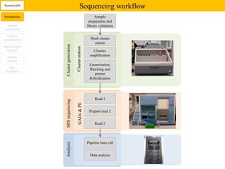 Illumina GAII
                                             Sequencing workflow
Introduction                                                Sample
                                                        preparation and
   Sample                                              library validation
 preparation

  Clusters
amplification                                            Wash cluster
                                                           station




                Cluster generation
Sequencing by




                                     Cluster station
  synthesis                                                Clusters
  Analysis
                                                         amplification
  pipeline
                                                        Linearization,
    High
                                                        Blocking and
 throughput
                                                           primer
                                                        Hybridization




                                                            Read 1
                SBS sequencing

                                       GAIIx & PE




                                                        Prepare read 2


                                                            Read 2




                                                       Pipeline base call
                Analysis




                                                         Data analysis
 