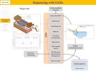 Illumina GAII
                               Sequencing with GAIIx
Introduction
                Single read                    Cluster amplified
   Sample
                                                   FlowCell
 preparation

  Clusters                                     Wash GA & PEM
amplification

Sequencing by
  synthesis                                      Install prism

  Analysis
  pipeline                                      Install flow-cell
    High
 throughput
                                                   Apply oil




                                       GAIIx
                                                  First-base
                                                incorporation

                                                 Adjust focus

                                                Check quality            Weekly
                                                  metrics           manintenance wash

                                                36-100 cycles
                        Real-time
                                               sequencing run
                        monitoring
                                                for Read 1/2


                                                Post-run wash
                                                                          Analysis pipeline

                                                                            Linux server
 