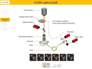 Illumina GAII
                GAIIx optical path
Introduction

   Sample
 preparation

  Clusters
amplification

Sequencing by
  synthesis                   Two colour excitation
  Analysis                    Four colour emission detection
  pipeline

    High
 throughput
 