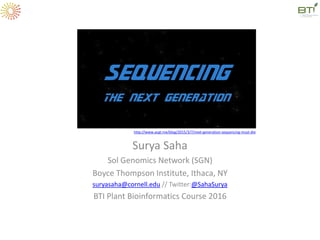 Surya Saha
Sol Genomics Network (SGN)
Boyce Thompson Institute, Ithaca, NY
suryasaha@cornell.edu // Twitter:@SahaSurya
BTI Plant Bioinformatics Course 2016
http://www.acgt.me/blog/2015/3/7/next-generation-sequencing-must-die
 