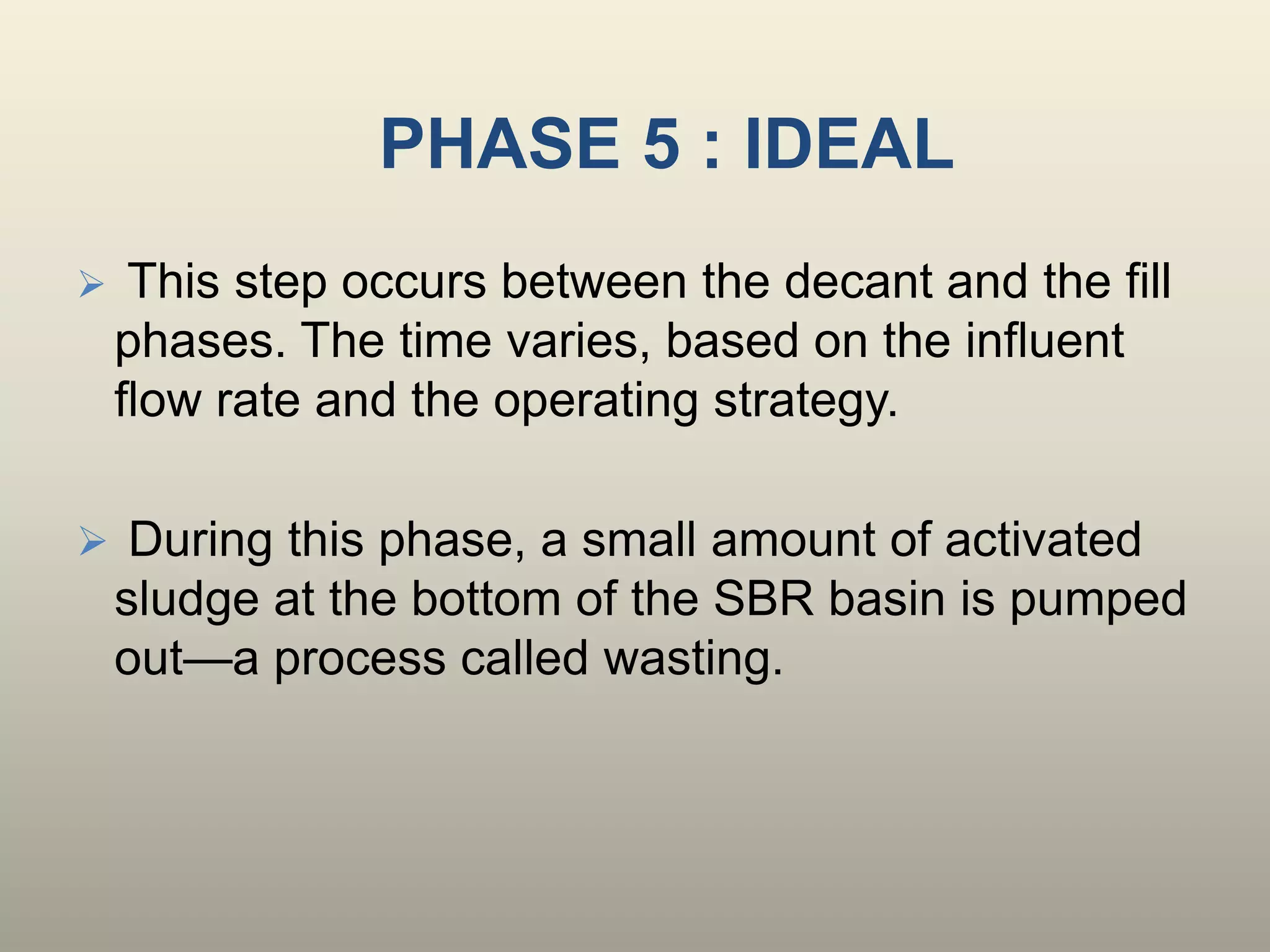 PHASE 5 : IDEAL
 This step occurs between the decant and the fill
phases. The time varies, based on the influent
flow rate and the operating strategy.
 During this phase, a small amount of activated
sludge at the bottom of the SBR basin is pumped
out—a process called wasting.
 