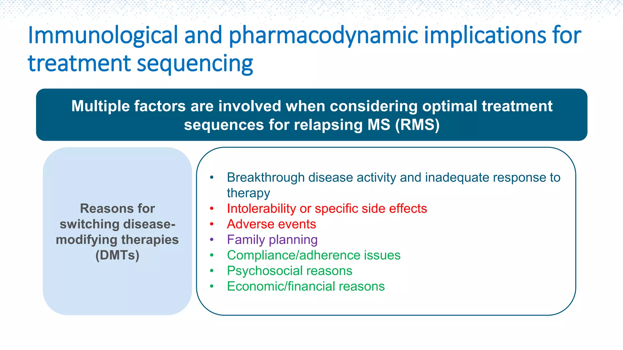 Multiple factors are involved when considering optimal treatment
sequences for relapsing MS (RMS)
Reasons for
switching disease-
modifying therapies
(DMTs)
• Breakthrough disease activity and inadequate response to
therapy
• Intolerability or specific side effects
• Adverse events
• Family planning
• Compliance/adherence issues
• Psychosocial reasons
• Economic/financial reasons
Immunological and pharmacodynamic implications for
treatment sequencing
 