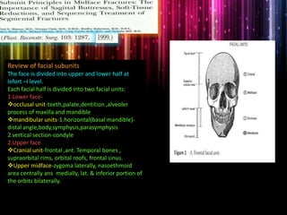 Review of facial subunits
The face is divided into upper and lower half at
lefort –I level.
Each facial half is divided into two facial units:
1.Lower face-
occlusal unit-teeth,palate,dentition ,alveoler
process of maxilla and mandible
mandibular units-1.horizontal(basal mandible)-
distal angle,body,symphysis,parasymphysis
2.vertical section-condyle
2.Upper face
Cranial unit-frontal ,ant. Temporal bones ,
supraorbital rims, orbital roofs, frontal sinus.
Upper midface-zygoma laterally, nasoethmoid
area centrally ans medially, lat. & inferior portion of
the orbits bilaterally.
 