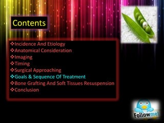 Contents
Incidence And Etiology
Anatomical Consideration
Imaging
Timing
Surgical Approaching
Goals & Sequence Of Treatment
Bone Grafting And Soft Tissues Resuspension
Conclusion
 