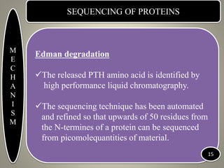 SEQUENCING OF PROTEINS
Edman degradation
The released PTH amino acid is identified by
high performance liquid chromatogra...