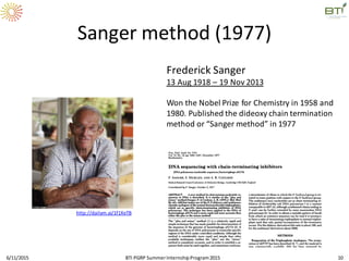 Sanger method (1977)
6/11/2015 BTI PGRP SummerInternshipProgram2015 10
Frederick Sanger
13 Aug 1918 – 19 Nov 2013
Won the Nobel Prize for Chemistry in 1958 and
1980. Published the dideoxy chain termination
method or “Sanger method” in 1977
http://dailym.ai/1f1XeTB
 