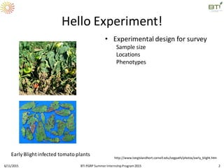 Hello Experiment!
• Experimental design for survey
Sample size
Locations
Phenotypes
6/11/2015 BTI PGRP SummerInternshipProgram2015 2
Early Blight infected tomato plants
http://www.longislandhort.cornell.edu/vegpath/photos/early_blight.htm
 