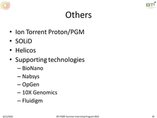 Others
• Ion Torrent Proton/PGM
• SOLiD
• Helicos
• Supporting technologies
– BioNano
– Nabsys
– OpGen
– 10X Genomics
– Fluidigm
6/11/2015 BTI PGRP SummerInternshipProgram2015 35
 