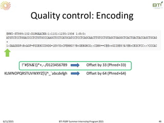 Quality control: Encoding
6/11/2015 49
!"#$%&'()*+,-./0123456789 Offset by 33 (Phred+33)
KLMNOPQRSTUVWXYZ[]^_`abcdefgh Offset by 64 (Phred+64)
BTI PGRP SummerInternshipProgram2015
 
