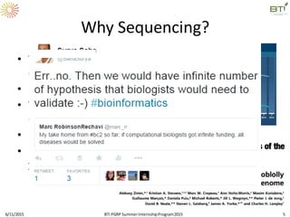 Why Sequencing?
• Targeted interrogation
of genome
• Economical
• Technological
developments
• High-throughput assays
• But requires subsequent
validation
6/11/2015 BTI PGRP SummerInternshipProgram2015 5
 
