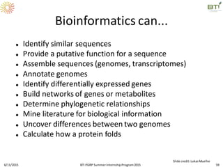 Bioinformatics can...
 Identify similar sequences
 Provide a putative function for a sequence
 Assemble sequences (genomes, transcriptomes)
 Annotate genomes
 Identify differentially expressed genes
 Build networks of genes or metabolites
 Determine phylogenetic relationships
 Mine literature for biological information
 Uncover differences between two genomes
 Calculate how a protein folds
6/11/2015 59
Slide credit:LukasMueller
BTI PGRP SummerInternshipProgram2015
 