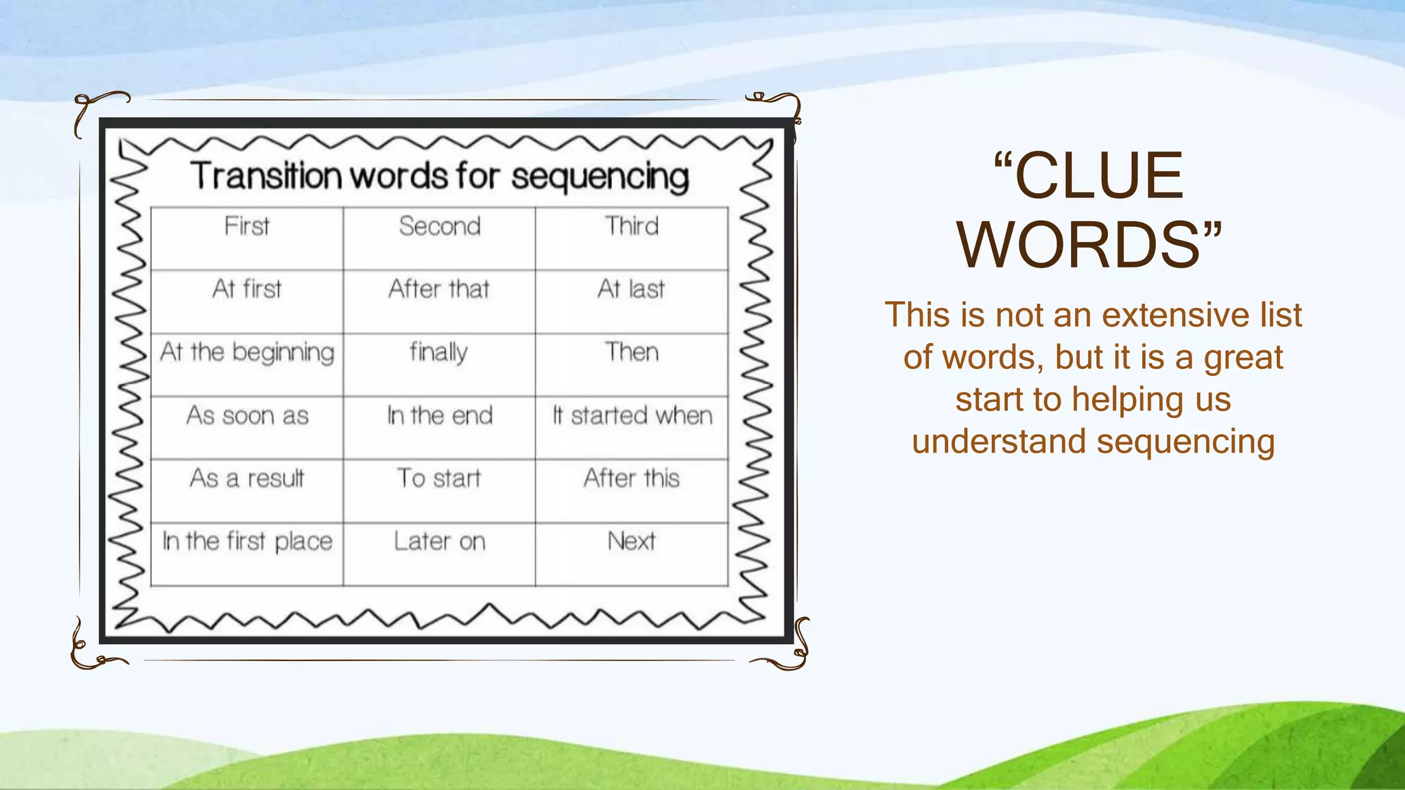 This is not an extensive list
of words, but it is a great
start to helping us
understand sequencing
“CLUE
WORDS”
 