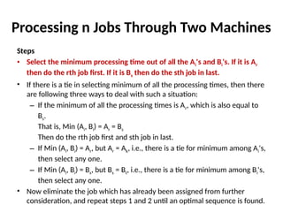 Processing n Jobs Through Two Machines
Steps
• Select the minimum processing time out of all the Ai's and Bi's. If it is Ar
then do the rth job first. If it is Bs then do the sth job in last.
• If there is a tie in selecting minimum of all the processing times, then there
are following three ways to deal with such a situation:
– If the minimum of all the processing times is Ar, which is also equal to
Bs.
That is, Min (Ai, Bi) = Ar = Bs
Then do the rth job first and sth job in last.
– If Min (Ai, Bi) = Ar, but Ar = Ak, i.e., there is a tie for minimum among Ai's,
then select any one.
– If Min (Ai, Bi) = Bs, but Bs = Bt, i.e., there is a tie for minimum among Bi's,
then select any one.
• Now eliminate the job which has already been assigned from further
consideration, and repeat steps 1 and 2 until an optimal sequence is found.
 
