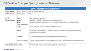 © Scaled Agile. Inc.
SAFe Air – Example Epic Hypothesis Statement
9
EPIC Hypothesis Statement
Epic Name Post Landing Enter...