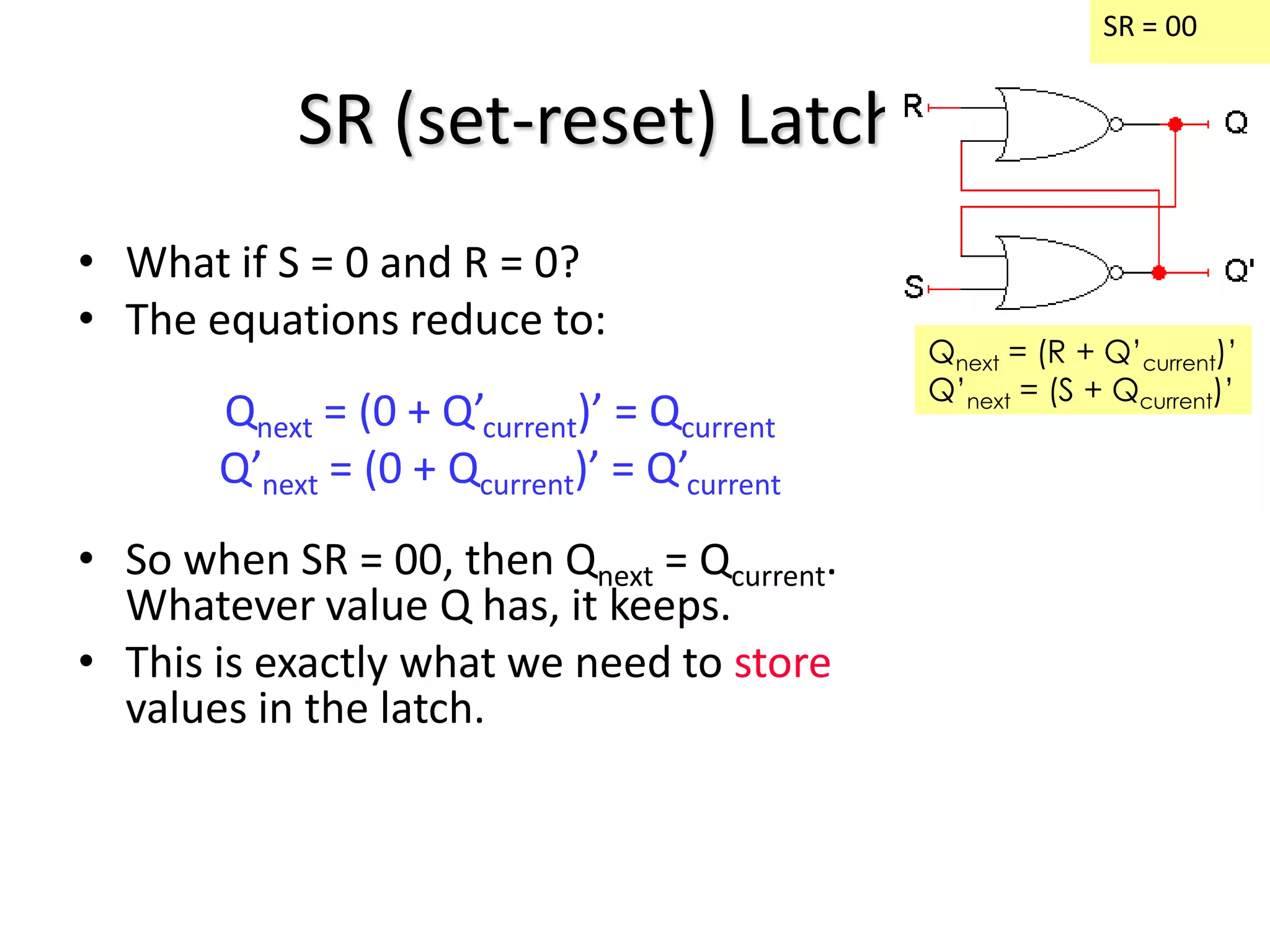 SR (set-reset) Latches
• What if S = 0 and R = 0?
• The equations reduce to:
Qnext = (0 + Q’current)’ = Qcurrent
Q’next = (0 + Qcurrent)’ = Q’current
• So when SR = 00, then Qnext = Qcurrent.
Whatever value Q has, it keeps.
• This is exactly what we need to store
values in the latch.
SR = 00
Qnext = (R + Q’current)’
Q’next = (S + Qcurrent)’
 