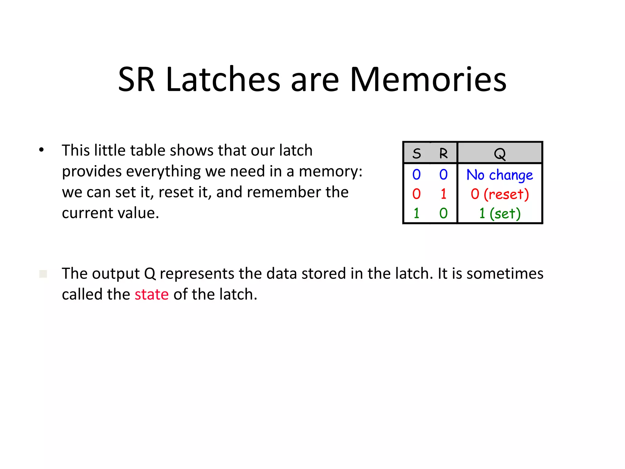SR Latches are Memories
• This little table shows that our latch
provides everything we need in a memory:
we can set it, reset it, and remember the
current value.
S R Q
0 0 No change
0 1 0 (reset)
1 0 1 (set)
 The output Q represents the data stored in the latch. It is sometimes
called the state of the latch.
 