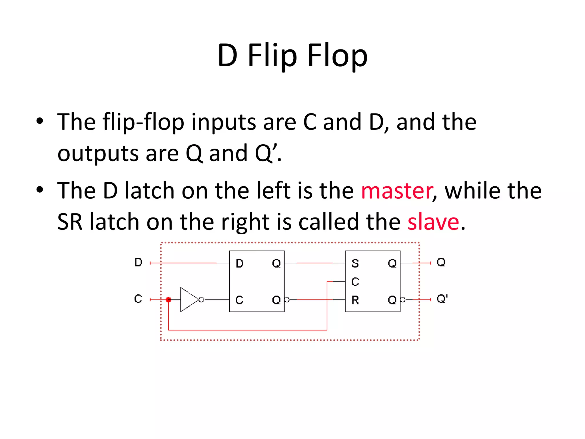 D Flip Flop
• The flip-flop inputs are C and D, and the
outputs are Q and Q’.
• The D latch on the left is the master, while the
SR latch on the right is called the slave.
 