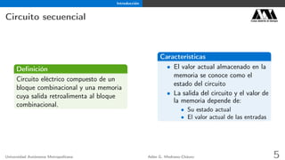 Introducción
Circuito secuencial Casa abierta al tiempo
Deﬁnición
Circuito eléctrico compuesto de un
bloque combinacional y una memoria
cuya salida retroalimenta al bloque
combinacional.
Características
• El valor actual almacenado en la
memoria se conoce como el
estado del circuito
• La salida del circuito y el valor de
la memoria depende de:
• Su estado actual
• El valor actual de las entradas
Universidad Autónoma Metropolitana Adán G. Medrano-Chávez 5
 