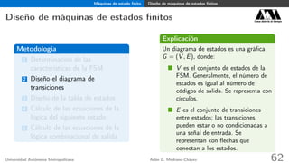 Máquinas de estado ﬁnito Diseño de máquinas de estados ﬁnitos
Diseño de máquinas de estados ﬁnitos Casa abierta al tiempo
Metodología
1 Determinación de las
características de la FSM
2 Diseño el diagrama de
transiciones
3 Diseño de la tabla de estados
4 Cálculo de las ecuaciones de la
lógica del siguiente estado
5 Cálculo de las ecuaciones de la
lógica combinacional de salida
Explicación
Un diagrama de estados es una gráﬁca
G = (V , E), donde:
V es el conjunto de estados de la
FSM. Generalmente, el número de
estados es igual al número de
códigos de salida. Se representa con
círculos.
E es el conjunto de transiciones
entre estados; las transiciones
pueden estar o no condicionadas a
una señal de entrada. Se
representan con ﬂechas que
conectan a los estados.
Universidad Autónoma Metropolitana Adán G. Medrano-Chávez 62
 