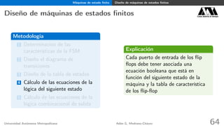 Máquinas de estado ﬁnito Diseño de máquinas de estados ﬁnitos
Diseño de máquinas de estados ﬁnitos Casa abierta al tiempo
Metodología
1 Determinación de las
características de la FSM
2 Diseño el diagrama de
transiciones
3 Diseño de la tabla de estados
4 Cálculo de las ecuaciones de la
lógica del siguiente estado
5 Cálculo de las ecuaciones de la
lógica combinacional de salida
Explicación
Cada puerto de entrada de los ﬂip
ﬂops debe tener asociada una
ecuación booleana que está en
función del siguiente estado de la
máquina y la tabla de característica
de los ﬂip-ﬂop
Universidad Autónoma Metropolitana Adán G. Medrano-Chávez 64
 