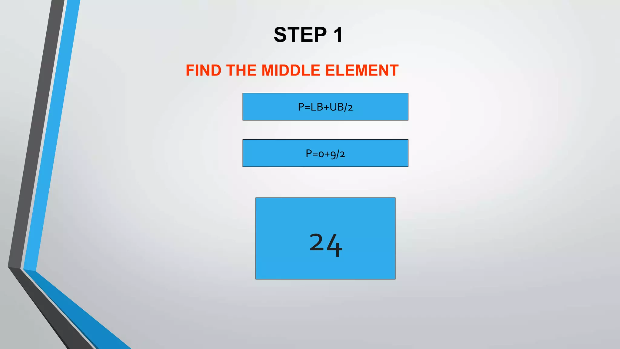 P=LB+UB/2
24
STEP 1
FIND THE MIDDLE ELEMENT
P=0+9/2
 