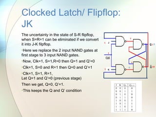 The uncertainty in the state of S-R flipflop,
when S=R=1 can be eliminated if we convert
it into J-K filpflop.
•Here we replace the 2 input NAND gates at
first stage to 3 input NAND gates.
•Now, Clk=1, S=1,R=0 then Q=1 and Q’=0
•Clk=1, S=0 and R=1 then Q=0 and Q’=1
•Clk=1, S=1, R=1,
Let Q=1 and Q’=0 (previous stage)
Then we get, Q=0, Q’=1.
•This keeps the Q and Q’ condition
Clocked Latch/ Flipflop:
JK
1
1
0
J
K
1
1
1
1
0
0 11
 