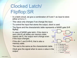 • In a latch circuit, we give a combination of 0 and 1 as input to store
either a 0 or a 1.
• This value only changes if we change the input.
• To control the input that stores the output, clock is used.
• The figure and the characteristic table represents a NAND gate S-R
flipflop.
• In case of NAND gate latch, if the clock is
zero (clk=0) all states are memory state,
means clk=0, the output wont change even
if the input changes.
• If the clk=1 and S=R=0, that is also a
memory state.
• The rest is the same as the characteristic table.
• Clock give the signal when to save a value in the
output.
Clocked Latch/
Flipflop:SR
7
Not used
memory
memory
10/08/2014 Section A
 