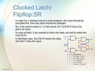 • In order for a clocked circuit to work properly, the input should be
provided first, then the clock should be changed.
• So, if we want to store a 1 in the circuit, S=1 and R=0 has to be
given as input.
• In case of latch, if we wanted to store any data, we had to make the
input (0,0).
• In flip-flops case, this Clk=0 stores the data,
and Clk=1 take the input.
Clocked Latch/
Flipflop:SR
8
Not used
memory
memory
10/08/2014 Section A
 