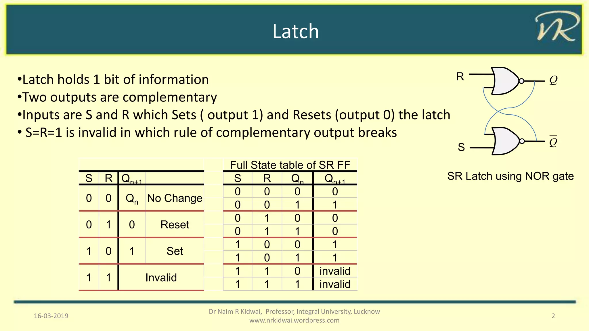 Latch
16-03-2019 2
Dr Naim R Kidwai, Professor, Integral University, Lucknow
www.nrkidwai.wordpress.com
R
S
Q
Q
SR Latch using NOR gate
Full State table of SR FF
S R Qn+1 S R Qn Qn+1
0 0 Qn No Change
0 0 0 0
0 0 1 1
0 1 0 Reset
0 1 0 0
0 1 1 0
1 0 1 Set
1 0 0 1
1 0 1 1
1 1 Invalid
1 1 0 invalid
1 1 1 invalid
•Latch holds 1 bit of information
•Two outputs are complementary
•Inputs are S and R which Sets ( output 1) and Resets (output 0) the latch
• S=R=1 is invalid in which rule of complementary output breaks
 