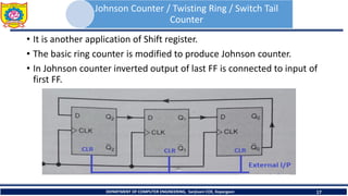Johnson Counter / Twisting Ring / Switch Tail
Counter
• It is another application of Shift register.
• The basic ring counter is modified to produce Johnson counter.
• In Johnson counter inverted output of last FF is connected to input of
first FF.
DEPARTMENT OF COMPUTER ENGINEERING, Sanjivani COE, Kopargaon 17
 