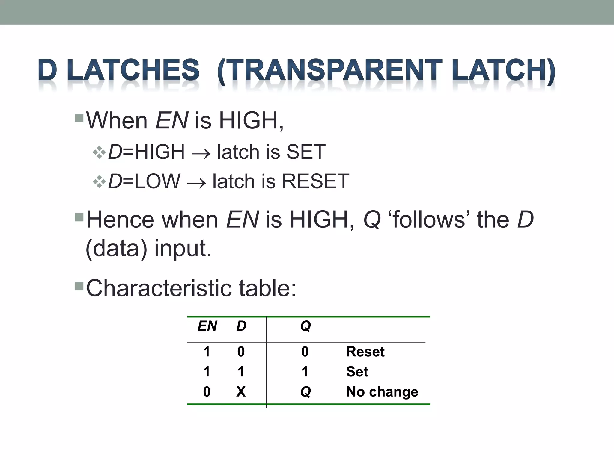 When EN is HIGH, 
D=HIGH  latch is SET 
D=LOW  latch is RESET 
Hence when EN is HIGH, Q ‘follows’ the D 
(data) input. 
Characteristic table: 
EN D Q 
1 0 0 Reset 
1 1 1 Set 
0 X Q No change 
 