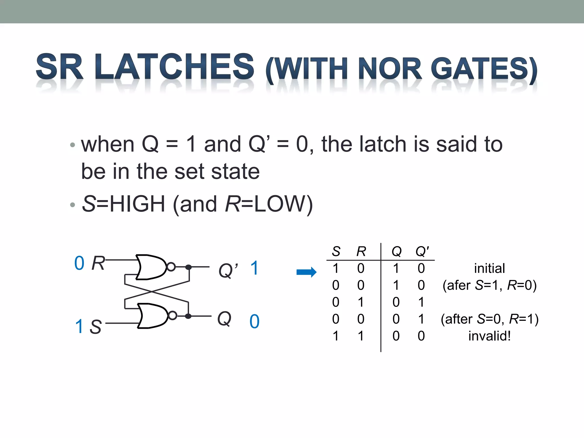• when Q = 1 and Q’ = 0, the latch is said to 
be in the set state 
• S=HIGH (and R=LOW) 
R 
S 
Q’ 
Q 
S R Q Q' 
1 0 1 0 initial 
0 0 1 0 (afer S=1, R=0) 
0 1 0 1 
0 0 0 1 (after S=0, R=1) 
1 1 0 0 invalid! 
0 
1 
1 
0 
 