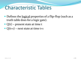 Characteristic Tables
 Defines the logical properties of a flip-flop (such as a
truth table does for a logic gate).
 Q(t) – present state at time t
 Q(t+1) – next state at time t+1
2016/11/8 1313
 